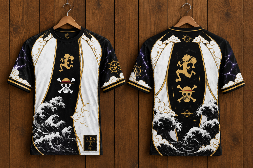 Camiseta One Piece Nika y Gran Ola, delante y detrás
