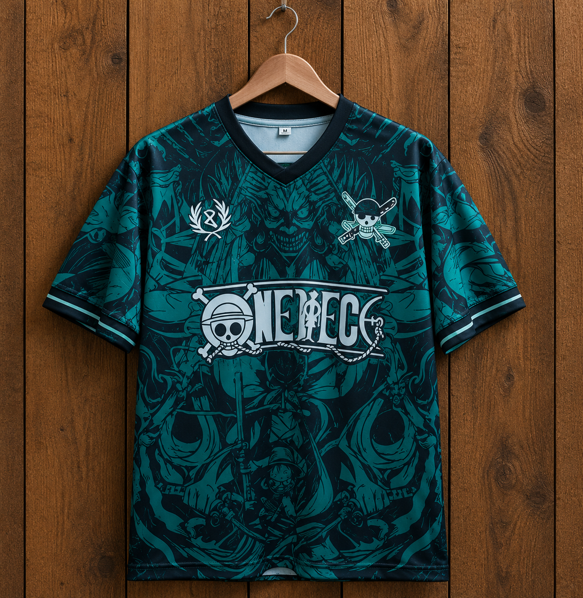 Camiseta One Piece verde azulado estilo fútbol