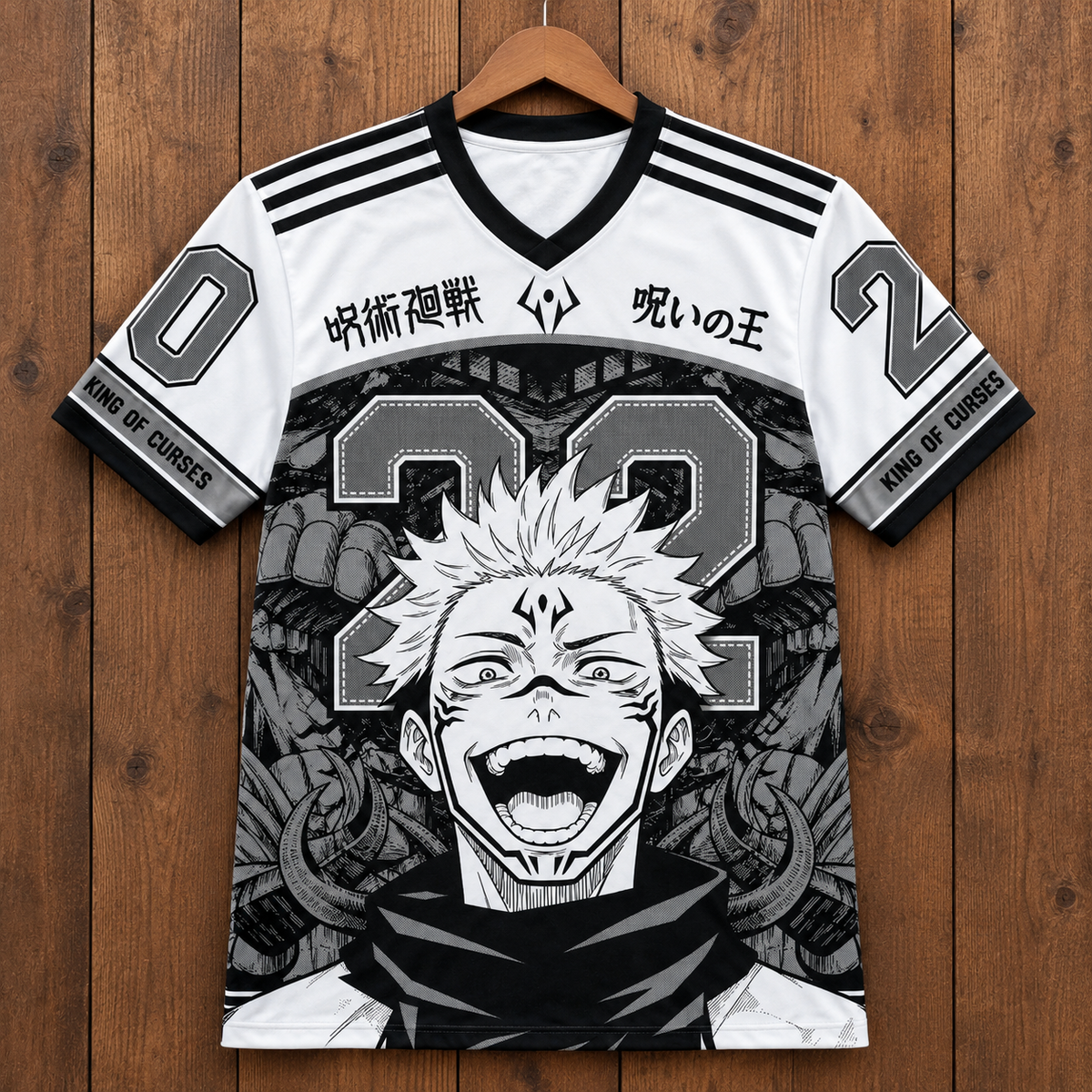 Camiseta Sukuna Jujutsu Kaisen con Sukuna riendo y dorsal