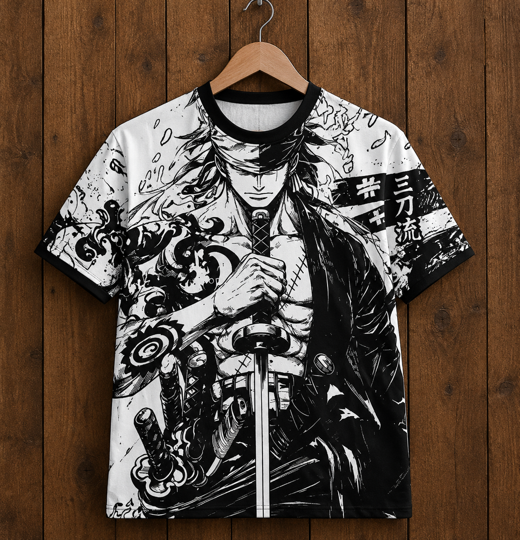 Camiseta Zoro blanco y negro con Zoro y su katana