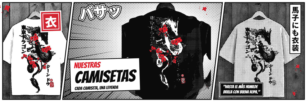 Banner manga Nuestras camisetas: tres camisetas Animekill con dragón japonés en viñetas