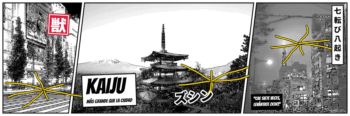 Banner manga Kaiju: ciudad y pagoda con grietas de impacto