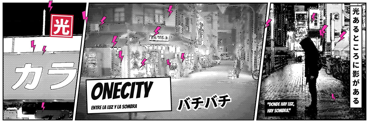 Banner manga OneCity: carteles luminosos y rayos