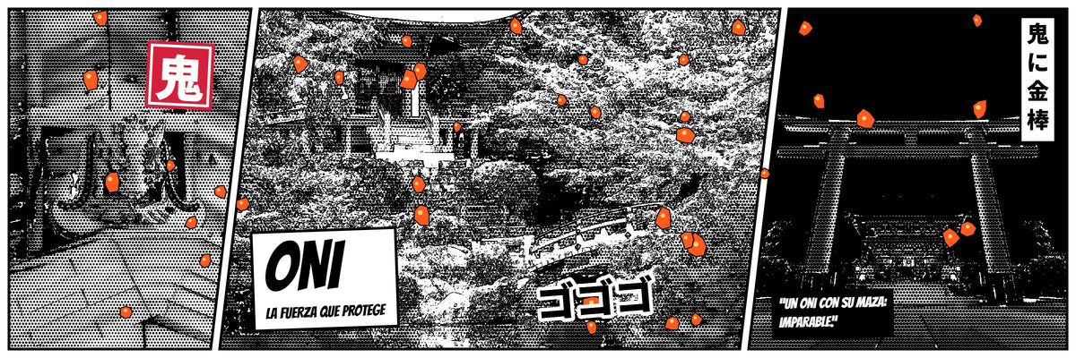Banner manga Oni: templo rojo, torii y brasas