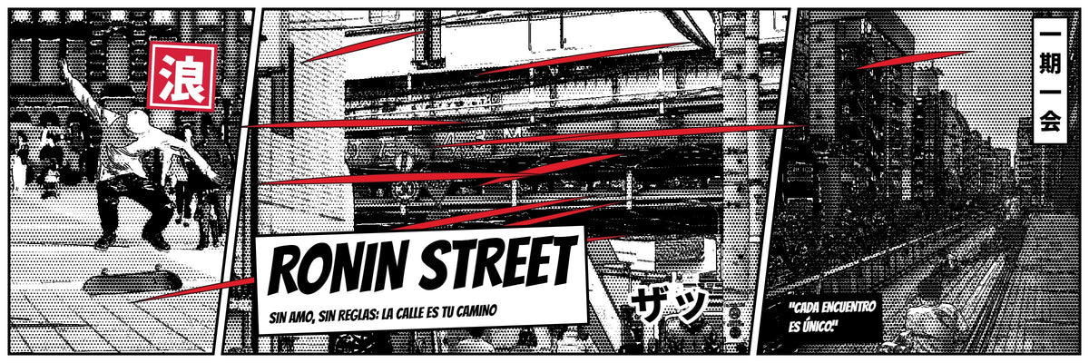 Banner manga Ronin Street: calle japonesa con estelas de velocidad