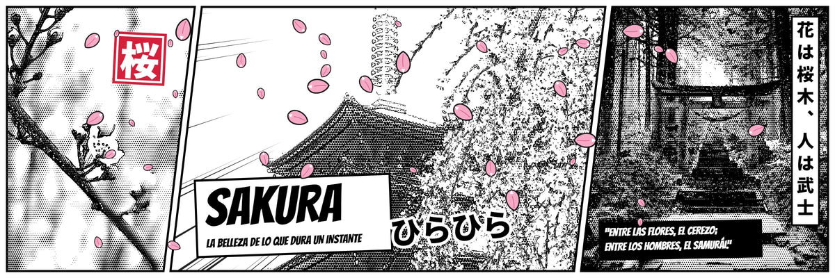 Banner manga de la colección Sakura: pagoda entre cerezos, rama en flor y torii con pétalos rosas cayendo