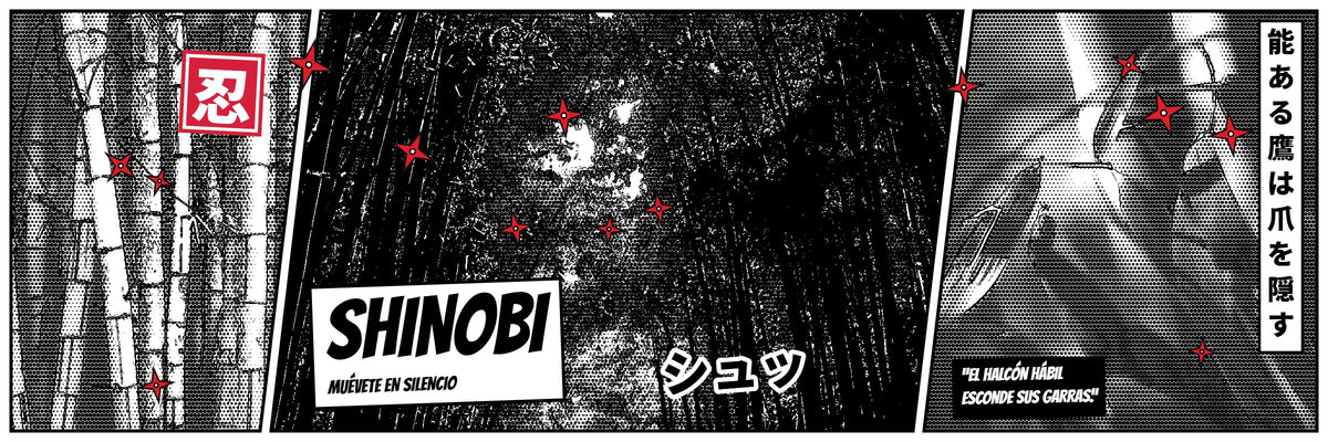 Banner manga Shinobi: bosque de bambú con shurikens
