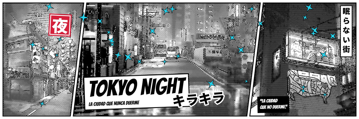 Banner manga Tokyo Night: calles de Tokio de noche con destellos